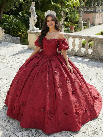 Vedress burgundy off shoulder quinceanera ball gown bubble short sleeve 3D floral jacquard prom dress front view
