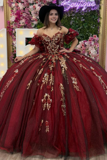 Vedress traditional burgundy off‑shoulder quinceanera ball gown puff sleeves gold embroidery 3D red flowers glitter tulle prom dress front view