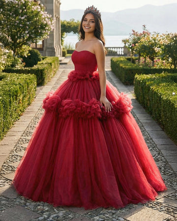 Vedress burgundy strapless tulle ball gown quinceañera dress front view with ruffled tiered skirt