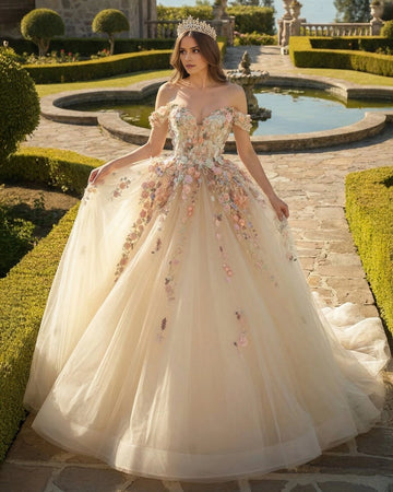 Vedress champagne tulle quinceañera dress front view, off shoulder sweetheart ball gown with colorful 3D floral appliques
