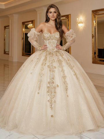 Vedress champagne glitter tulle ball gown sweetheart detachable puff long sleeves gold lace embroidery corset back quinceanera prom dress front view