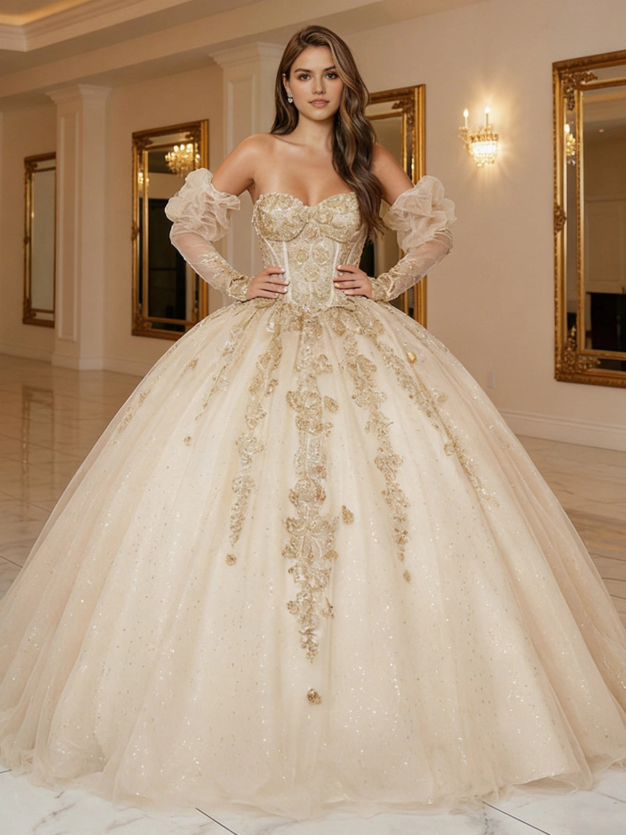 Vedress champagne glitter tulle ball gown sweetheart detachable puff long sleeves gold lace embroidery corset back quinceanera prom dress front view
