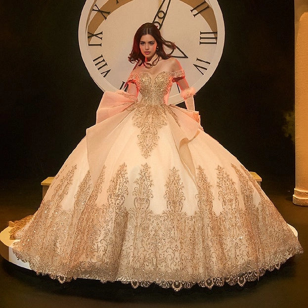 Vedress champagne gold lace ball gown quinceañera dress off shoulder sweetheart bodice gold glitter applique front view