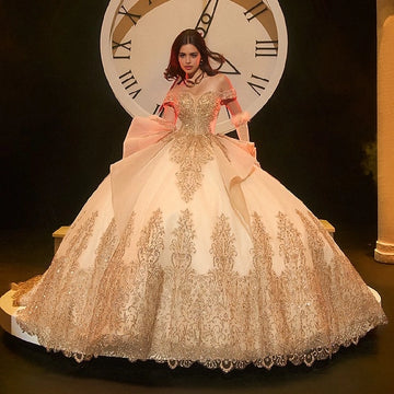 Vedress champagne gold lace ball gown quinceañera dress off shoulder sweetheart bodice gold glitter applique front view