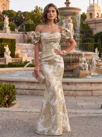 Vedress champagne jacquard off shoulder 3D floral applique mermaid floor length mother of bride gown front view
