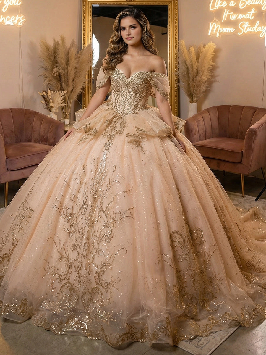 Vedress luxury champagne off-shoulder quinceanera ball gown puff sleeves gold embroidery sequin glitter tulle prom dress front view