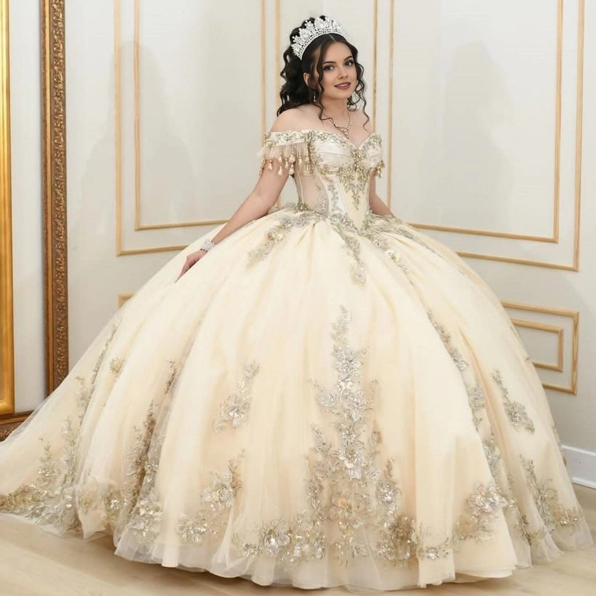 Vedress elegant champagne off‑shoulder quinceanera ball gown gold floral appliques prom dress front view