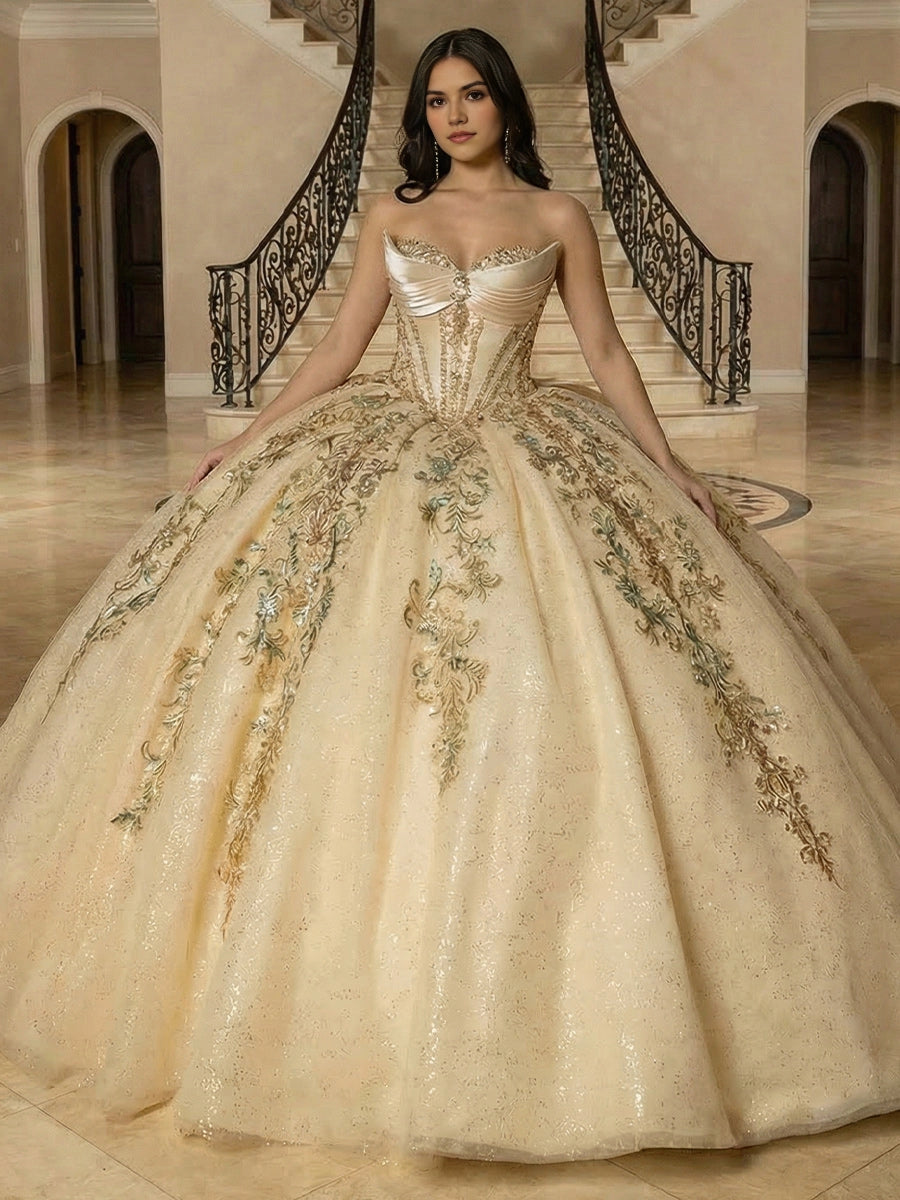 Vedress champagne quinceanera ball gown strapless sweetheart satin folded neckline gold green floral embroidery glitter tulle front view