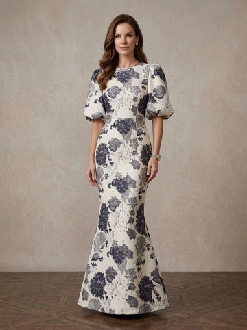 Vedress cream navy blue floral jacquard round neck puff sleeve mermaid mother of bride gown front view