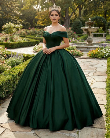 Vedress dark green satin off the shoulder quinceañera ball gown with voluminous skirt front view