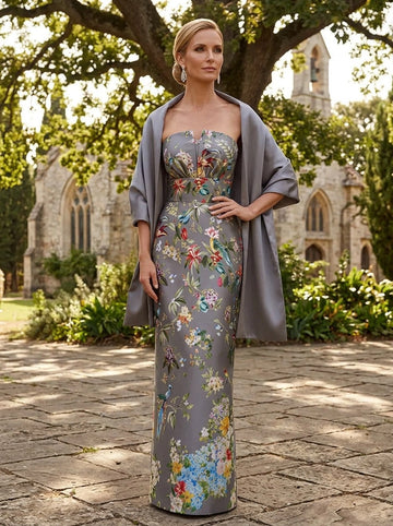Vedress dusty blue floral bird print jacquard strapless mother of bride gown with shawl front view