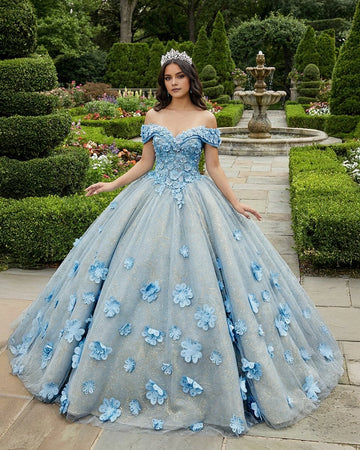 Vedress dusty blue off shoulder quinceañera dress front view with 3D floral glitter tulle ball gown