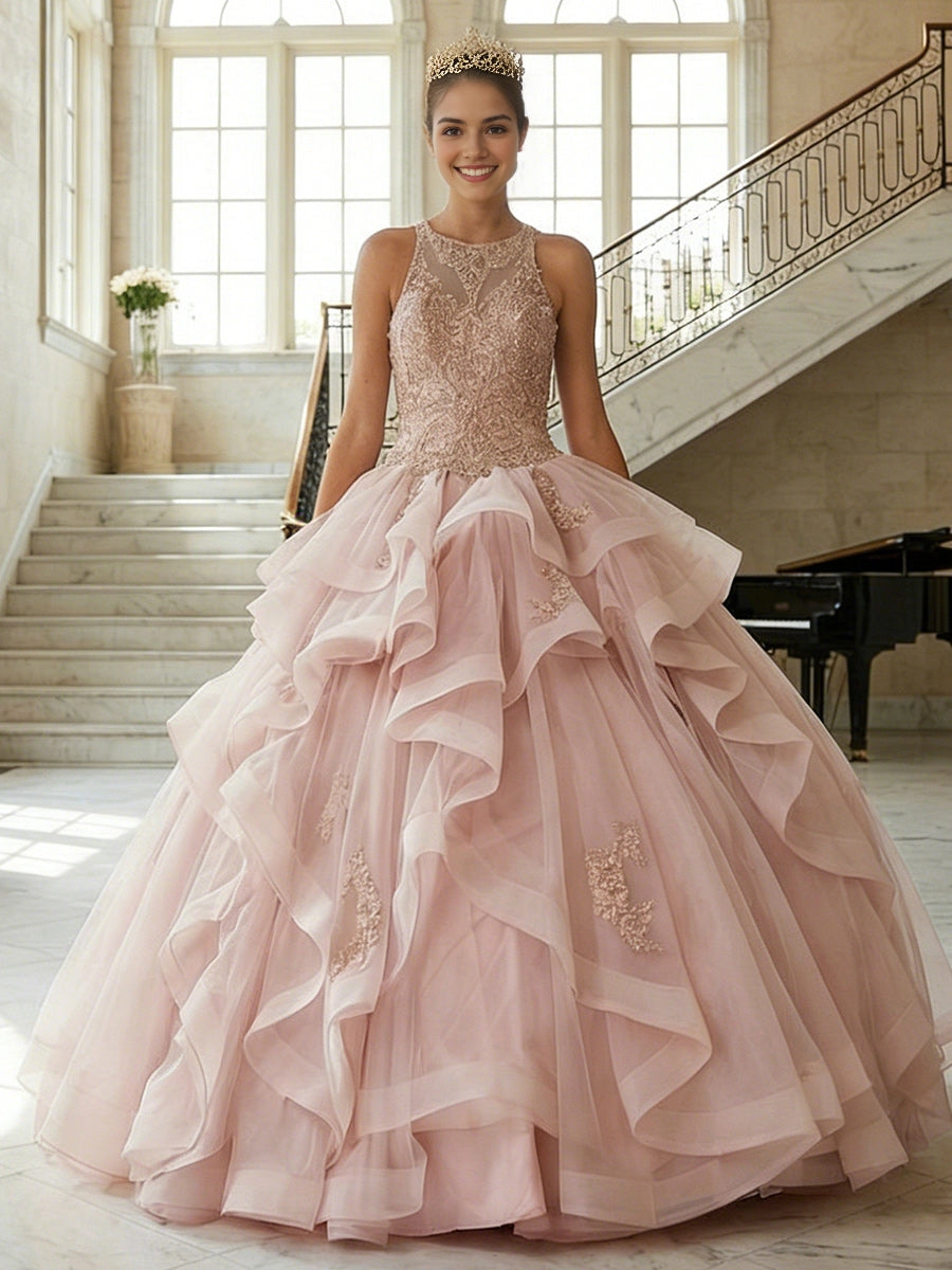 Vedress elegant dusty pink halter quinceanera ball gown gold lace beading layered ruffle tulle prom dress front view