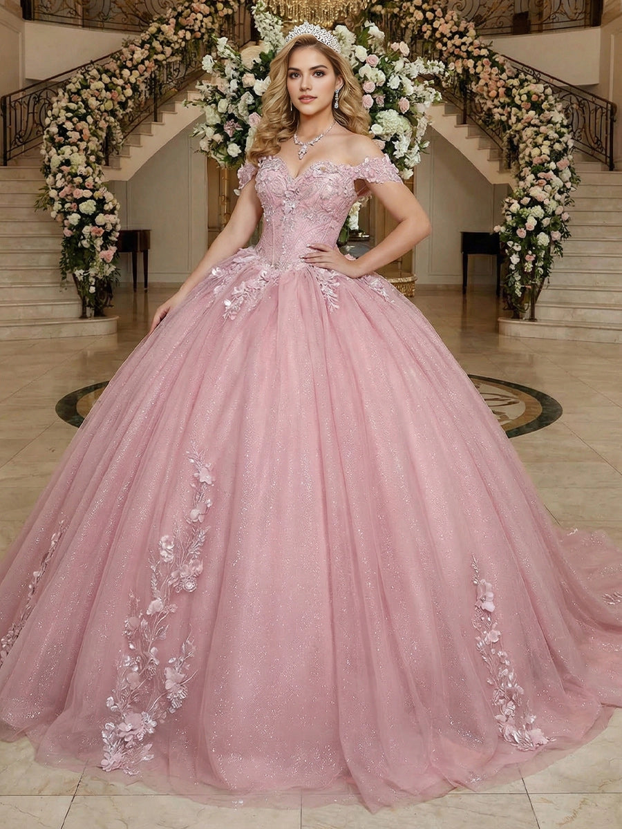 Vedress dusty pink quinceanera ball gown off the shoulder sweetheart neckline short puff sleeves 3D floral appliques glitter tulle front view