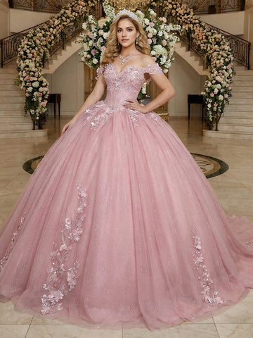 Vedress dusty pink quinceanera ball gown off the shoulder sweetheart neckline short puff sleeves 3D floral appliques glitter tulle front view