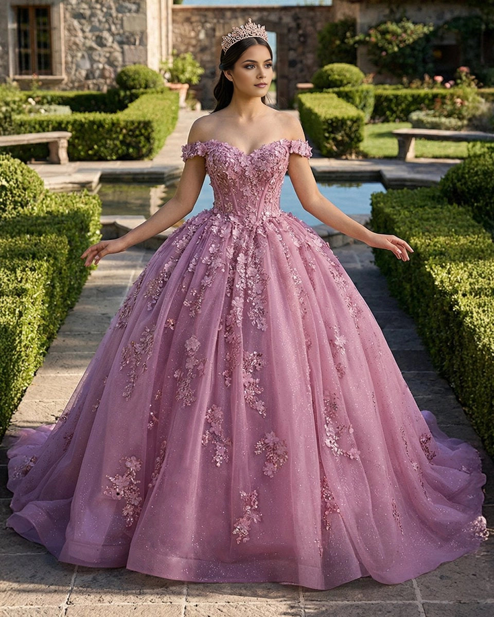 Vedress dusty pink off the shoulder quinceañera ball gown with 3D floral appliqués and glitter tulle front view