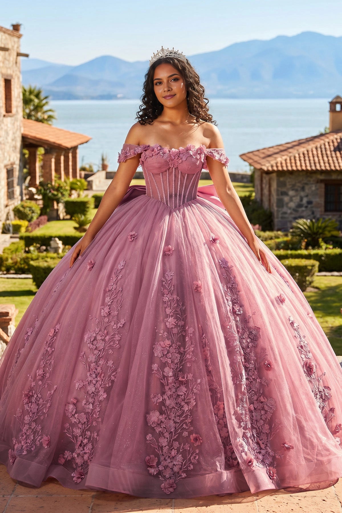 Vedress dusty rose off the shoulder quinceañera ball gown with 3D floral appliqués and corset bodice front view