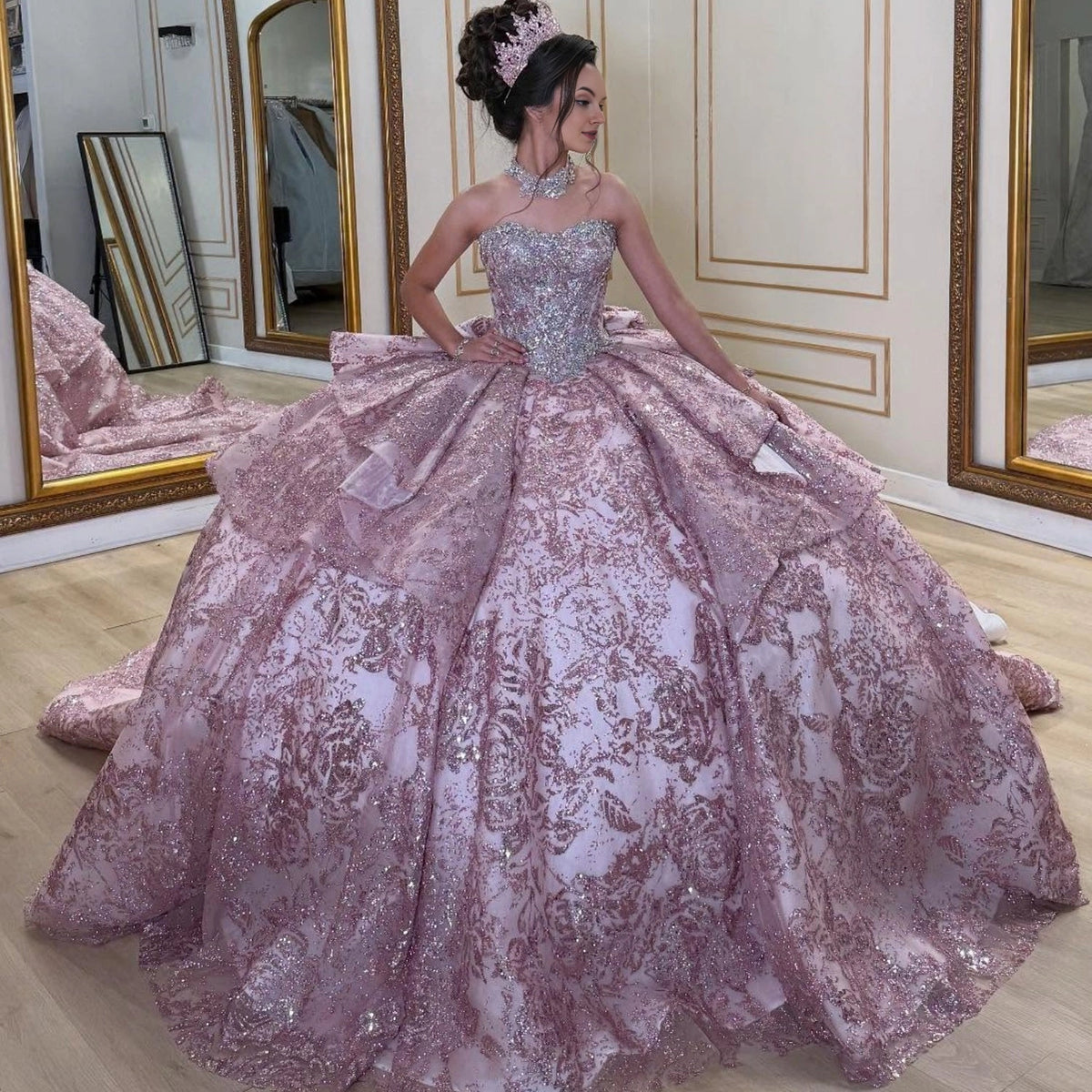 Vedress glam dusty rose strapless quinceanera ball gown glitter floral print prom dress front view