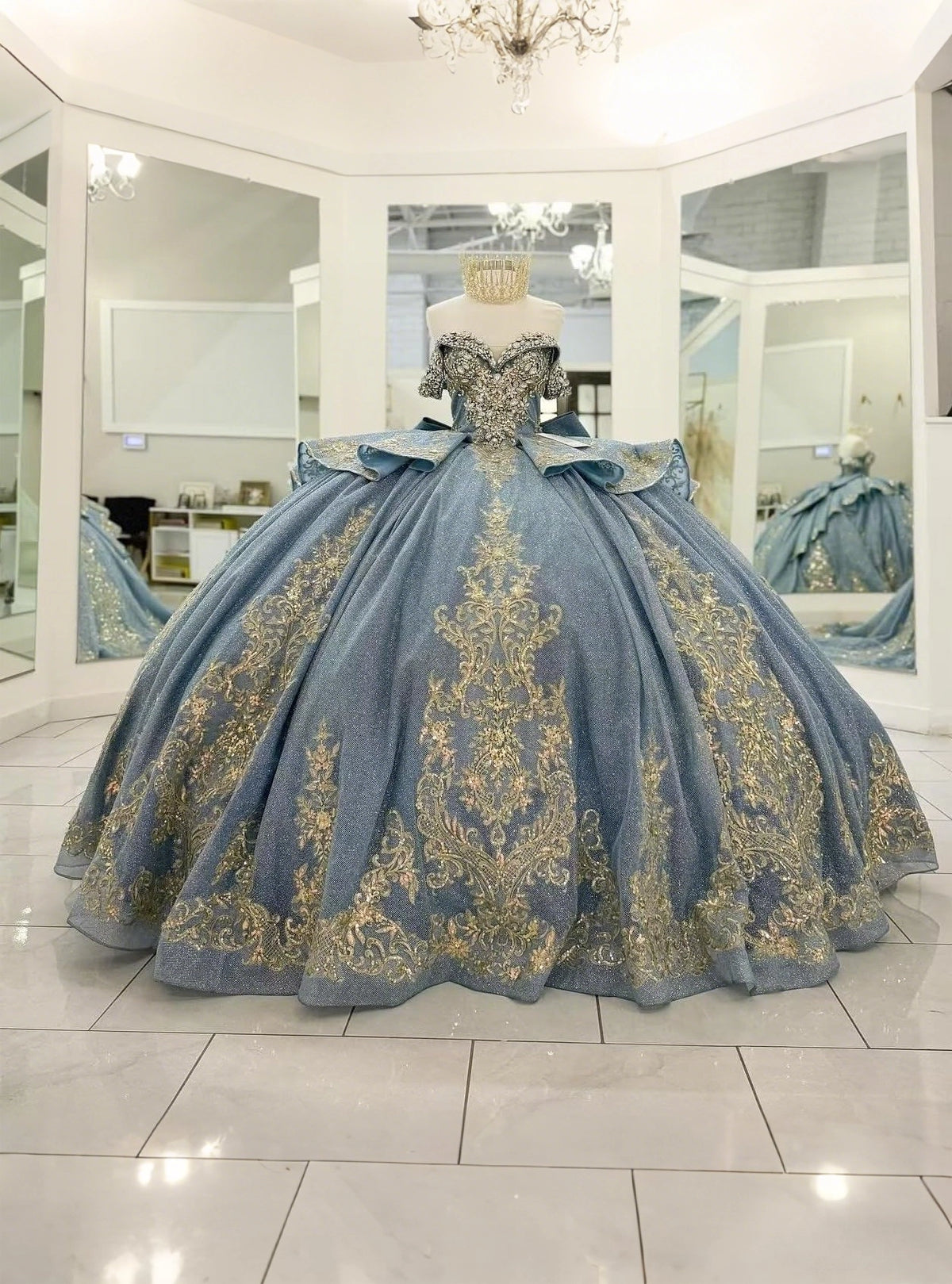 Vedress elegant dusty blue off-shoulder quinceanera ball gown short sleeve gold baroque embroidery rhinestone glitter tulle prom dress front view