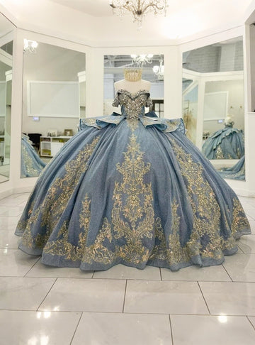 Vedress elegant dusty blue off-shoulder quinceanera ball gown short sleeve gold baroque embroidery rhinestone glitter tulle prom dress front view
