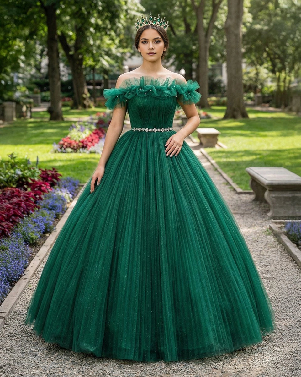 Vedress emerald green glitter tulle quinceañera dress front view, off shoulder ball gown with ruffle tulle sleeves and rhinestone waist sash