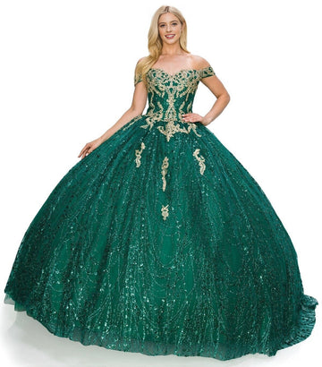 Vedress regal emerald green off‑shoulder quinceanera ball gown gold lace applique sequin tulle prom dress front view