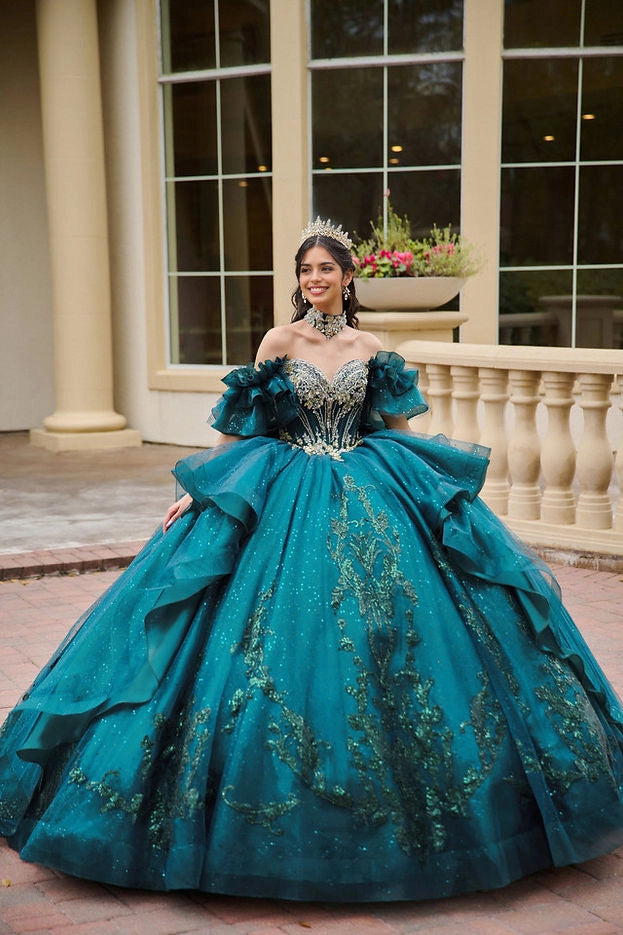 Front view Vedress emerald green quinceañera dress off shoulder ruffle ball gown with green sequin lace appliques