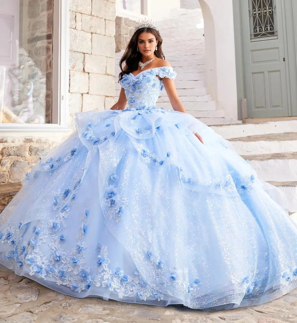 Vedress fairy light blue off-shoulder quinceanera ball gown short sleeve 3D blue flower lace glitter tulle prom dress front view