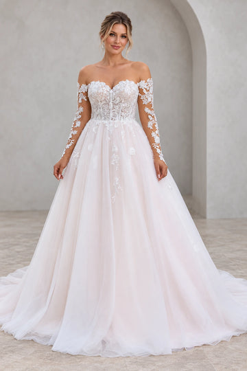 Front view of floral A-line tulle wedding dress with sweetheart neckline and off-shoulder long sleeves