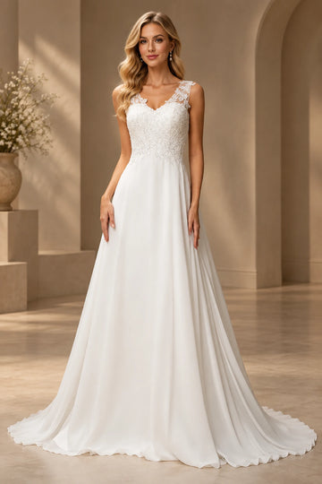 Front view of floral A-line lace wedding dress with V-neckline and sleeveless lace straps