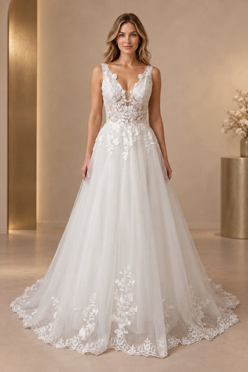 Vedress A-line wedding dress with a plunging V-neck, wide floral lace straps, sheer-effect bodice and scalloped lace hem.