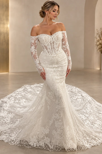 Front view of floral mermaid wedding dress with sweetheart neckline and off-shoulder lace sleeves