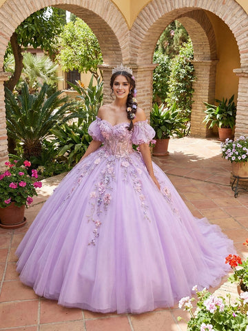 Vedress garden lavender off-shoulder quinceanera ball gown puff short sleeve 3D floral appliqué glitter tulle prom dress front view
