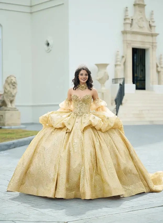 Vedress gold sequined ball gown quinceañera dress sweetheart neckline off shoulder puff sleeves lace applique bodice front view