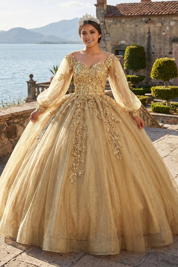 Vedress golden glitter tulle quinceañera dress front view, off shoulder sweetheart ball gown with long sheer puff sleeves and 3D gold lace appliques
