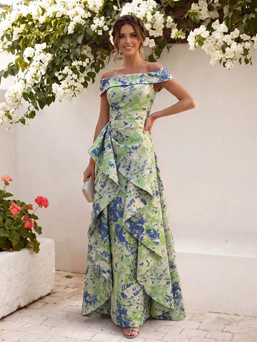 Vedress green blue floral jacquard off shoulder a-line wedding guest gown front view