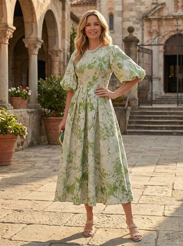 Vedress ivory green abstract marble jacquard round neck puff sleeve midi A-line wedding guest dress front view
