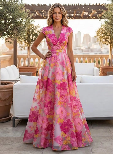 Vedress hot pink yellow floral organza wrap v neck cap sleeve A-line floor length mother of bride gown front view