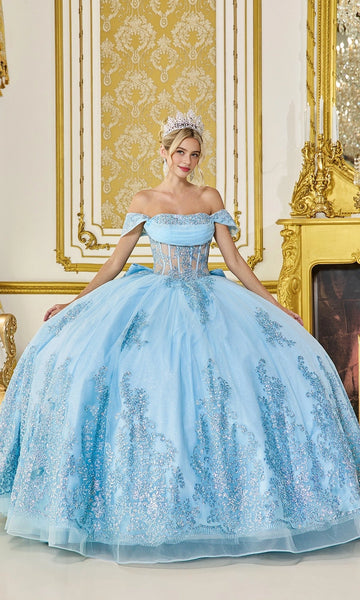 Vedress stunning ice blue off‑the‑shoulder quinceanera ball gown sheer corset bodice glitter lace applique chapel train prom dress front view