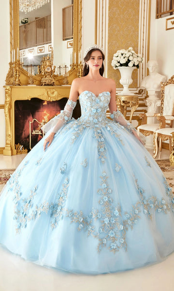 Vedress dreamy ice blue strapless quinceanera ball gown detachable long tulle gloves 3D floral gold lace applique glitter tulle prom dress front view