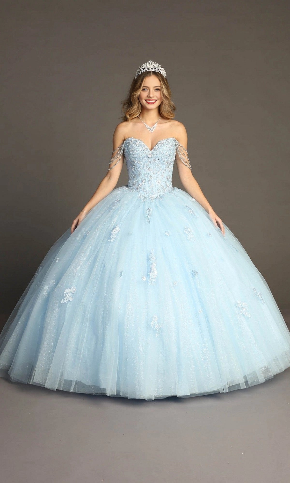 Vedress gorgeous ice blue sweetheart quinceanera ball gown with crystal chain straps, beaded lace applique glitter tulle floor length prom dress front view