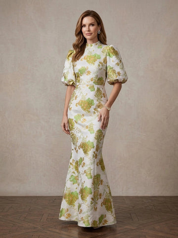 Vedress ivory green gold botanical jacquard high neck puff sleeve mermaid mother of bride gown front view floor length