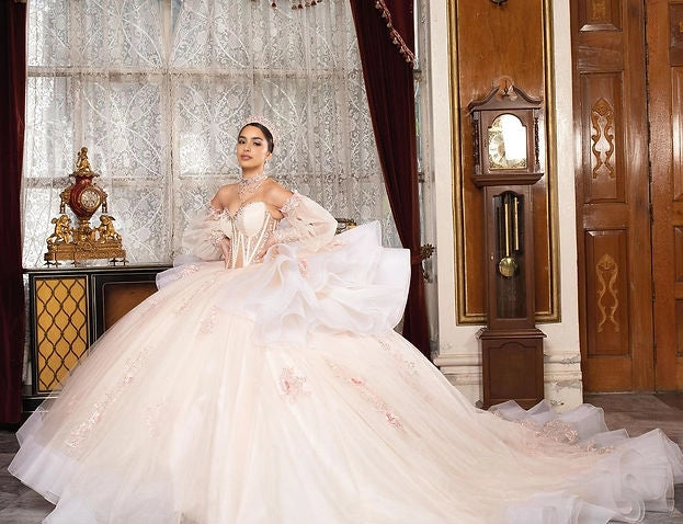 Vedress ivory pink floral ball gown quinceañera dress sweetheart neckline off shoulder puff tulle sleeves 3D floral applique front view