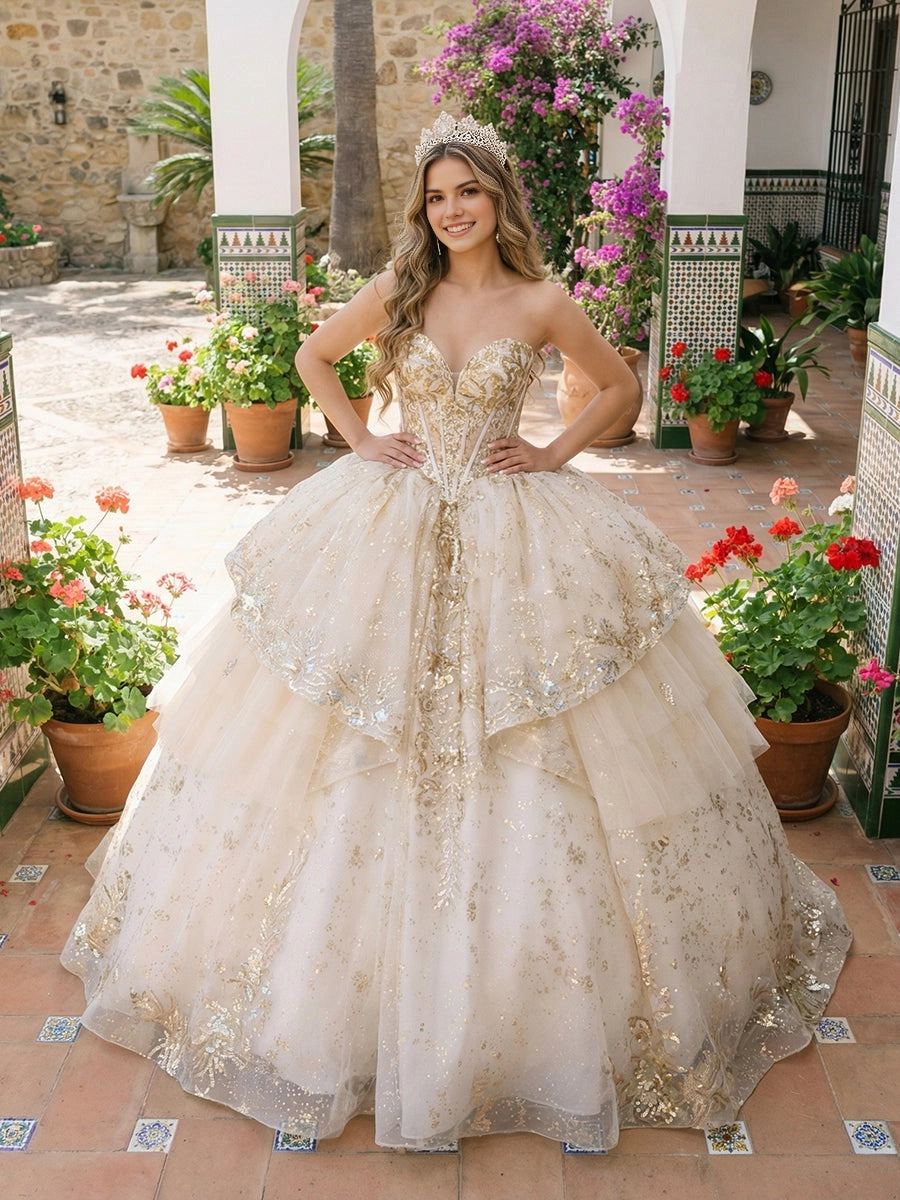Vedress ivory quinceanera ball gown strapless sweetheart bodice gold sequin floral embroidery tiered ruffle glitter tulle front view