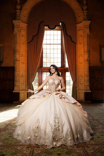 Vedress ivory quinceanera ball gown sweetheart spaghetti straps satin and tulle 3D floral embroidery ball skirt front view