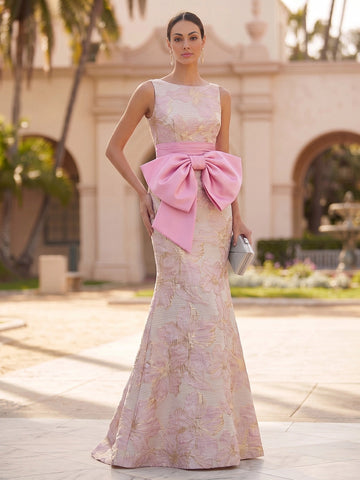 Vedress pink gold floral jacquard boat neck sleeveless mermaid floor length wedding guest dress front view with waist bow