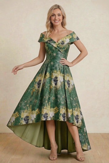 Vedress jacquard off shoulder high low A-line mother of bride dress front view