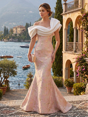 Vedress pink gold floral jacquard off shoulder ruffle mermaid floor length wedding guest dress front view