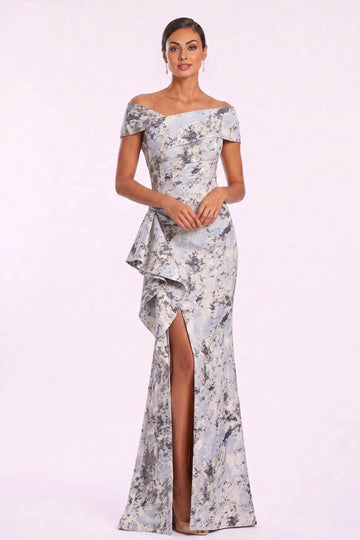 Vedress jacquard off shoulder mermaid maxi wedding guest dress front view with side slit and ruffle