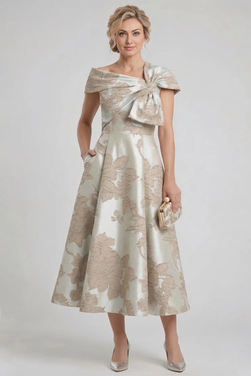 Vedress luxury jacquard asymmetric off shoulder tea length mother of bride dress front view